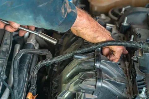 Mekanik sedang menerapkan cara merawat kendaraan secara rutin pada mesin mobil